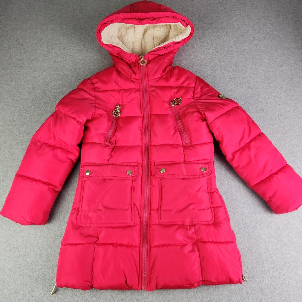 DKNY Puffer Jacket Girls S 7/8 Pink Quilted Winter Long Sleeve Hooded Full Zip‎